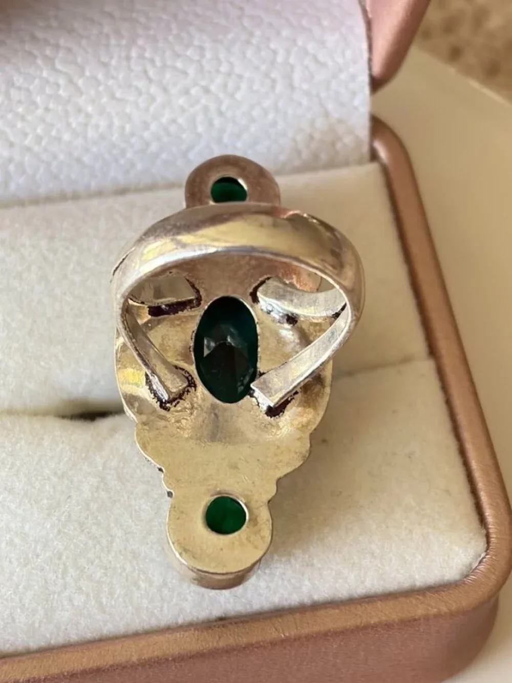 Simulated Emerald Three Stone Statement Ring 925 Silver Plated - Size 5.5